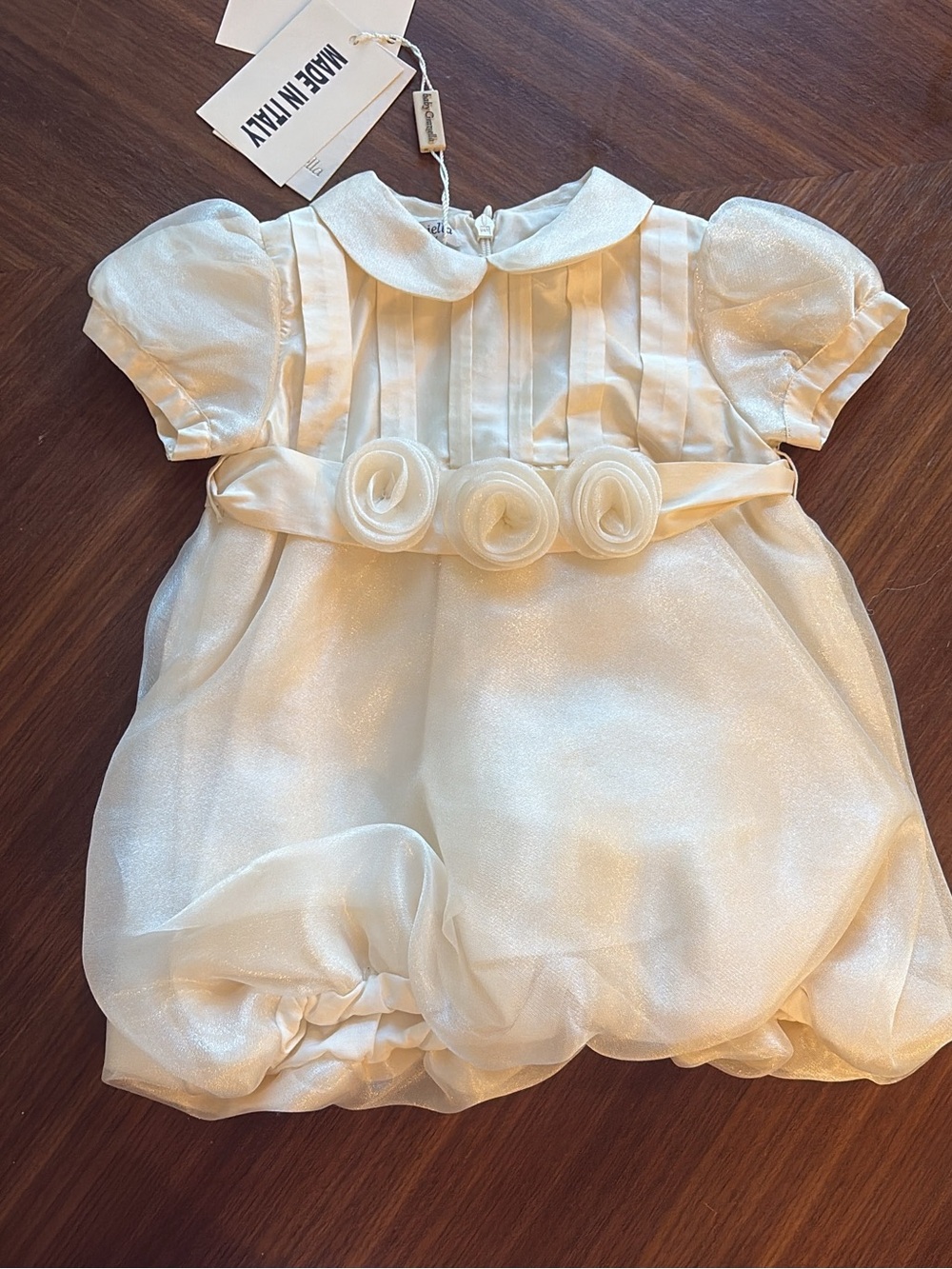 Ivory Baby Bubble Dress with Rosette Waist (Made in Italy)